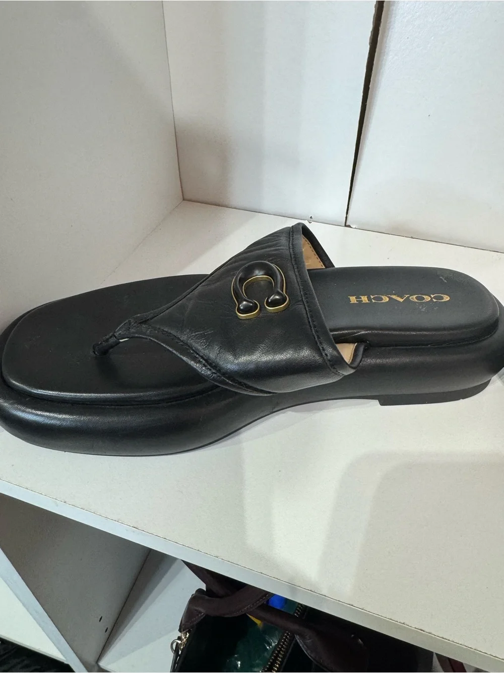 Coach Black Leather Toe-Post Slide with Gold Accent
